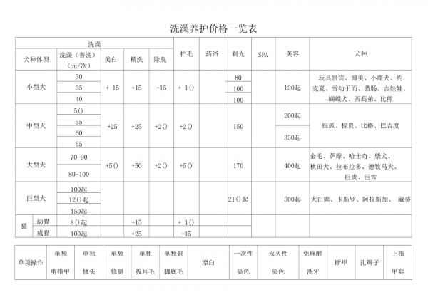 宠物洗澡养护价格一览表_第1页
