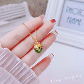 招财猫项链14K真金电镀仿绿玛瑙寓意好招财纳福可爱猫咪锁骨链