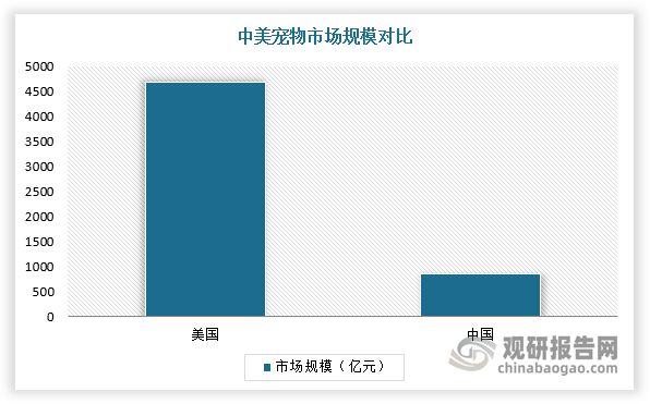 根据数据显示，2022年，我国宠物行业市场规模约为847亿元，是仅次于美国的全球第二大宠物市场，而同时期美国宠物行业市场规模高达4674亿元，是中国的近6倍；中国宠物市场2018-2022年复合增长率约为15%，而美国仅约8%，增长速度是美国的近两倍。
