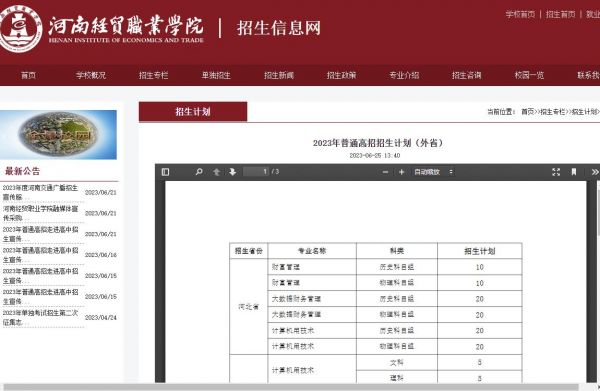 河南经贸职业学院2023年普通高招招生计划（外省）