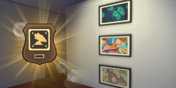 In a screenshot of The Sims 4, on a white wall, three large microscope prints are hung. To the left, the Microscope Jockey plaque is shining. 