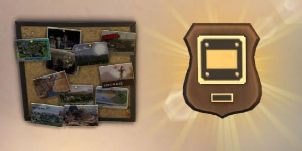 A screenshot of The Sims 4 shows a corkboard of postcards and a commemorative plaque. 