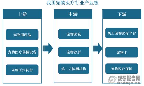 产业链来看，宠物医疗行业上游包括宠物用药品、宠物医疗器械设备以及宠物医疗耗材，中游包括宠物医院、宠物诊所和第三方检测机构，下游包括线上宠物医疗平台、宠物主和宠物医疗保险。