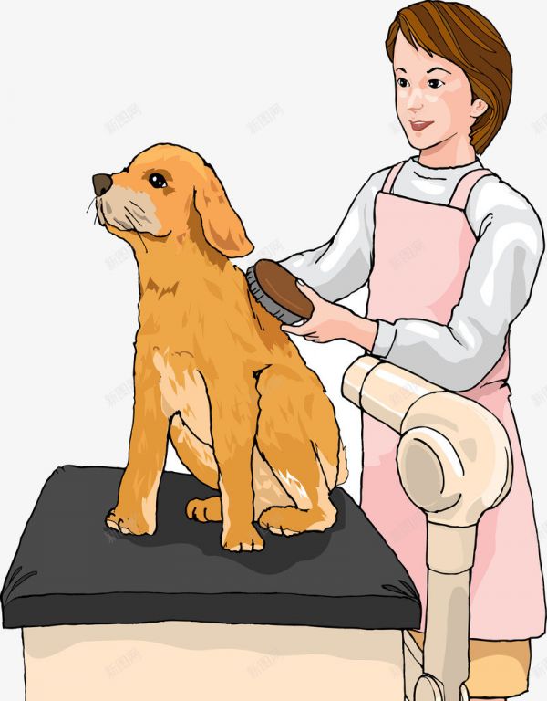 卡通宠物美容狗狗梳毛插图矢量图