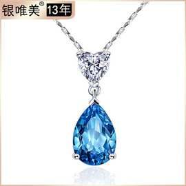 925纯银心形蓝水滴吊坠天然托帕石水晶项链欧美复古饰品批发礼物