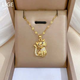微镶锆石【钛钢】跨境欧美可爱猫咪吊坠项链精致小众设计感