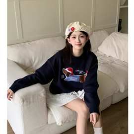 同款趣味宠物小狗刺绣圆领绣花针织衫毛衣女2024秋季新款复古休闲
