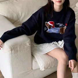 趣味宠物小狗刺绣圆领绣花针织衫毛衣女2024秋季新款复古休闲上衣