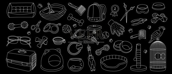 整套宠物用品。动物的配件。枕头、咀嚼玩具、奖章、剪刀、指甲钳、刷子、去毛器、水族箱、背包托插画图片素材