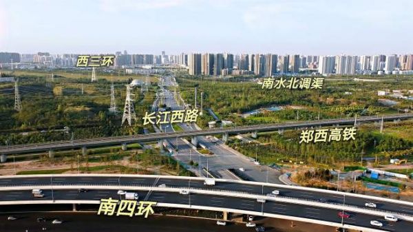 航拍郑州已通车的长江西路,西三环—南四环,三环四环距离如此近