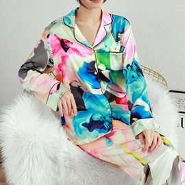 睡衣女长袖套装高级冰丝幻彩印花家居服可外穿宽松休闲睡衣批发