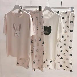 Reefur Rinka梨花家秋莫代尔棉可爱猫咪兔子印花睡衣圆领短袖长裤