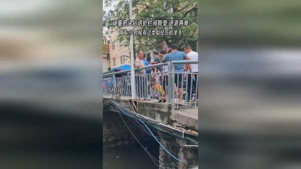 顽童把头钻进护栏间隙里进退两难，网友:有过类似经历的举手。
