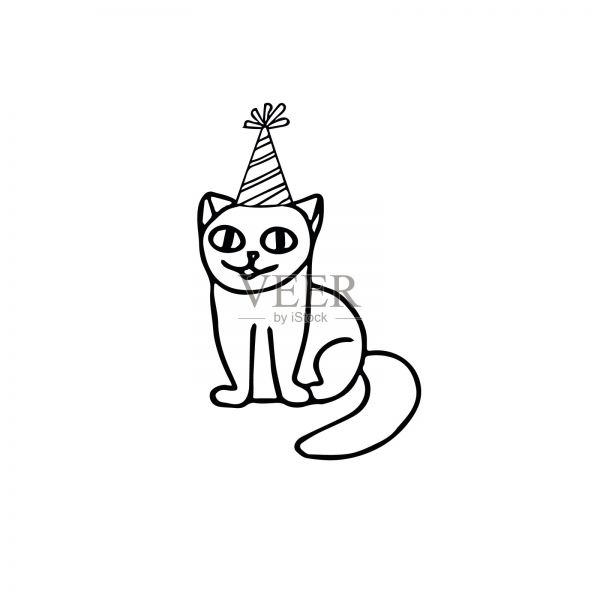 可爱的猫坐素描手绘涂鸦。斯堪的纳维亚，斯堪的纳维亚，极简主义，单色。设计的单一元素。节日，生日，动物，卡片，贴纸，海报，图标。有趣的动物宠物猫插画图片素材