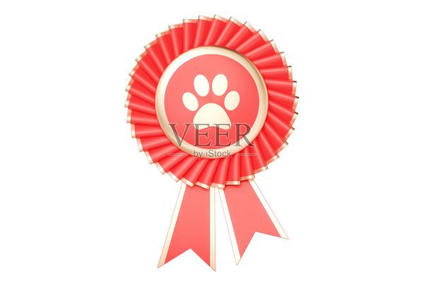 狗或猫赢得奖品，奖品，奖章或带丝带的徽章。三维渲染照片摄影图片