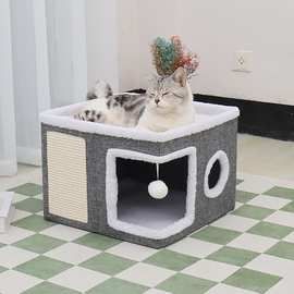 宠物双层猫窝别墅可收纳折叠剑麻猫别墅大号场景猫大房子跨境新品
