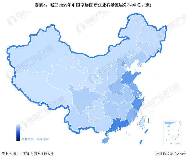 图表4：截至2023年中国宠物医疗企业数量区域分布(单位：家)