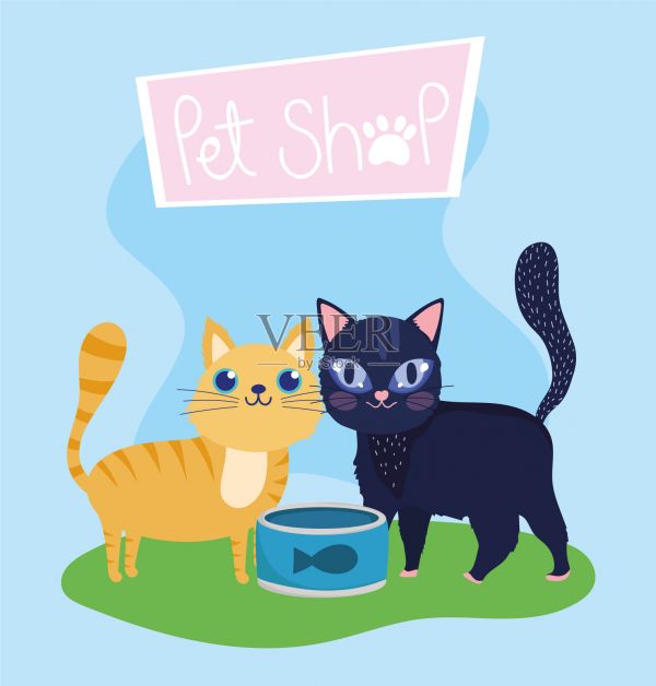 宠物店可爱的猫和鱼可以食用动物插画图片素材