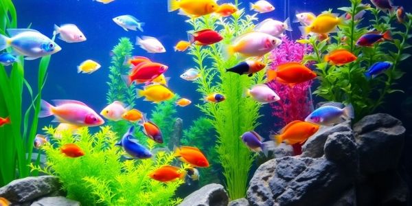 色彩斑斓的鱼在郁郁葱葱的水族箱中游动。