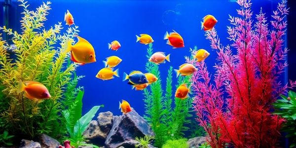 色彩斑斓的热带鱼在郁郁葱葱的水族箱环境中游动。