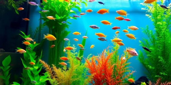 色彩斑斓的鱼在郁郁葱葱的水族箱中游动。