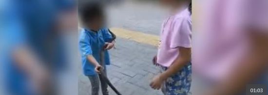  父亲抓到长蛇，让两女儿徒手遛蛇练胆