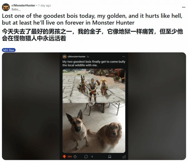 玩家深情悼念《怪猎》宠物狗，游戏中实现虚拟永生记