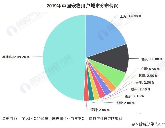 2019年中国宠物用户城市分布情况