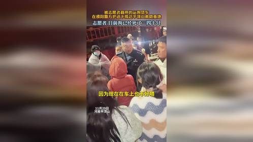 被志愿者截停的运狗货车， 在濮阳警方护送下抵达平顶山救助基地