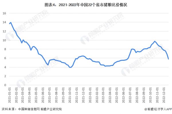 图表4：2021-2022年中国22个省市猪粮比价情况