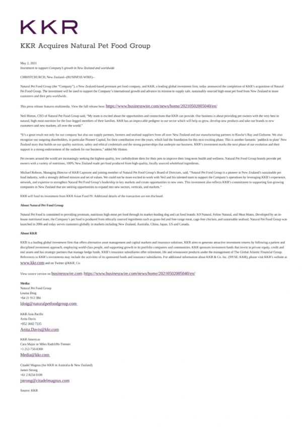 宠业家, 重磅!全球知名投资机构KKR收购K9母公司新西兰天然宠物食品集团