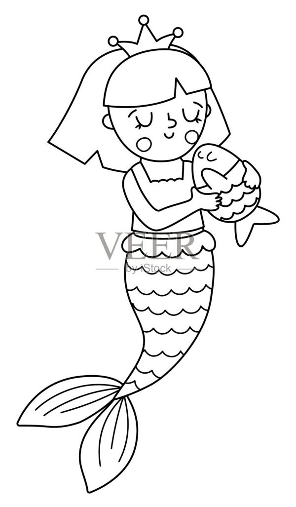 童话黑白矢量美人鱼拥抱宠物鱼。幻想中的女孩孤立在白色背景上。童话般的海公主。可爱的海妖着色页。水下线路图标插画图片素材