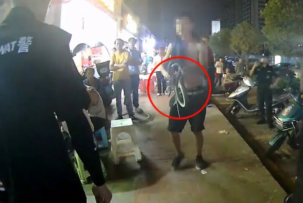 慎点！云南一男子酒后在街头遛蛇，被行拘5日