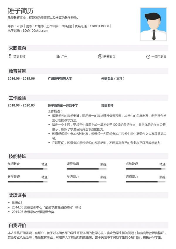 英语老师社招简历模板