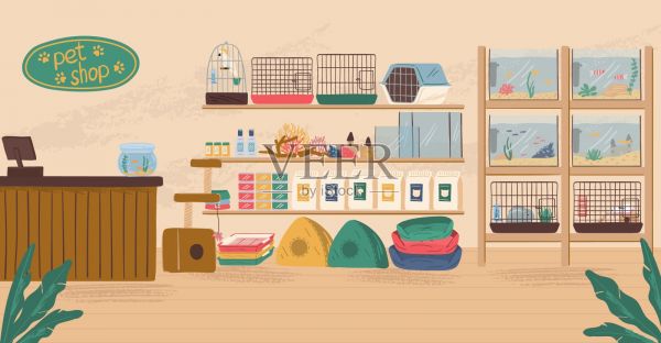 宠物店室内概念矢量插图。动物商店，狗的食物，鸟笼子，水族馆的鱼和狗床插画图片素材