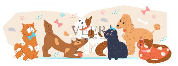 宠物诊所或宠物店横幅的装饰背景是可爱有趣的猫和狗。插画图片素材