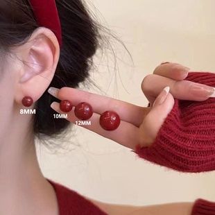 安可拉红珍珠耳钉2024年新款爆款ins耳环女有耳洞S925纯银针耳饰