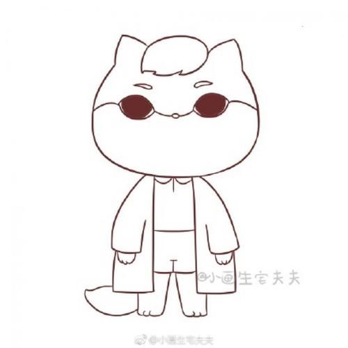 q版蓝白英短猫咪简笔画教程图片彩色穿风衣帅气的猫咪先生简笔画