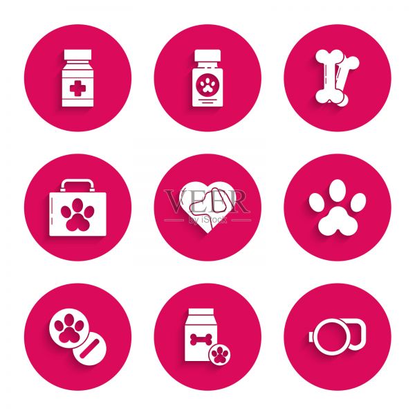 Set Heart with dog，宠物食品袋，可伸缩绳带，爪印，狗和药丸，宠物急救箱，骨头和药瓶图标。向量插画图片素材