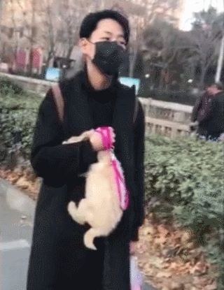 小伙把狗狗抱怀里，手捂住狗狗的头，捂到狗无精打采！