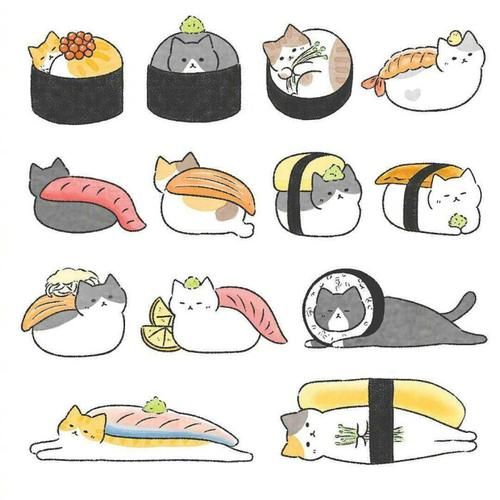 卡通彩色食物简笔画手绘可爱猫咪