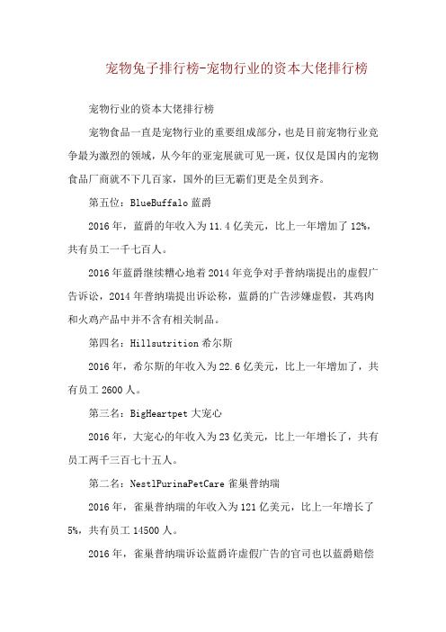 宠物兔子排行榜-宠物行业的资本大佬排行榜