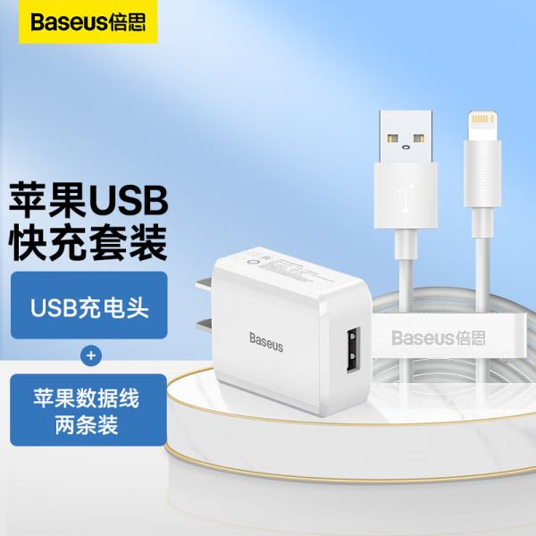 倍思 USB充电头升级5V/2A+苹果数据线两条装 适用iPhone14/13/12ProMax/11/Xs快充套装