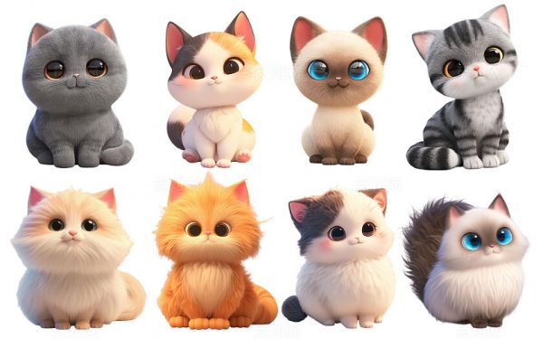 卡通3D立体可爱毛绒宠物猫AI插画素材小猫动物
