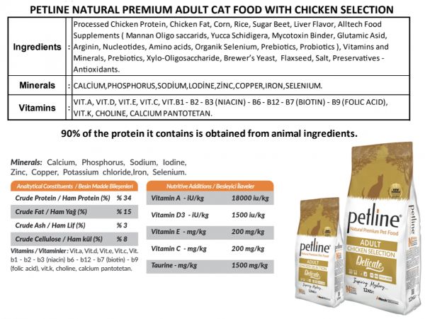 高蛋白Petline天然优质鸡肉成年猫粮1,5千克 (6件) 铁，牛磺酸，叶酸Whosale宠物食品
