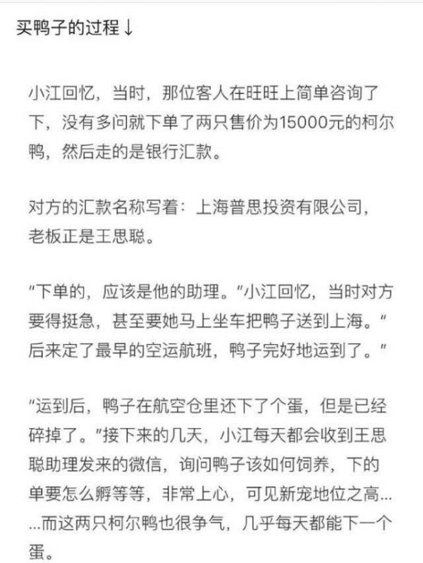 王思聪做八宝鸭款待朋友，网友爆料鸭子曾是校长宠物，身价上万！