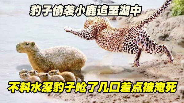 惊险！豹子偷袭小鹿追至湖中，不料水深豹子呛了几口差点被淹死