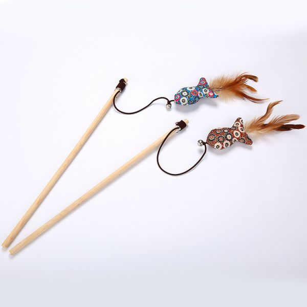 Funny Wooden Pet Cat Toys Interactive Cat Fishing Teasers Play Wand Feather Cat Toy