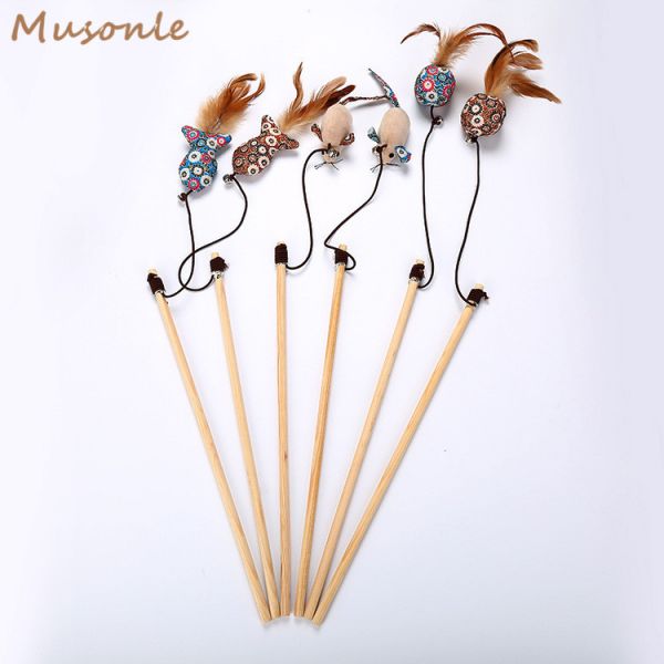 Funny Wooden Pet Cat Toys Interactive Cat Fishing Teasers Play Wand Feather Cat Toy
