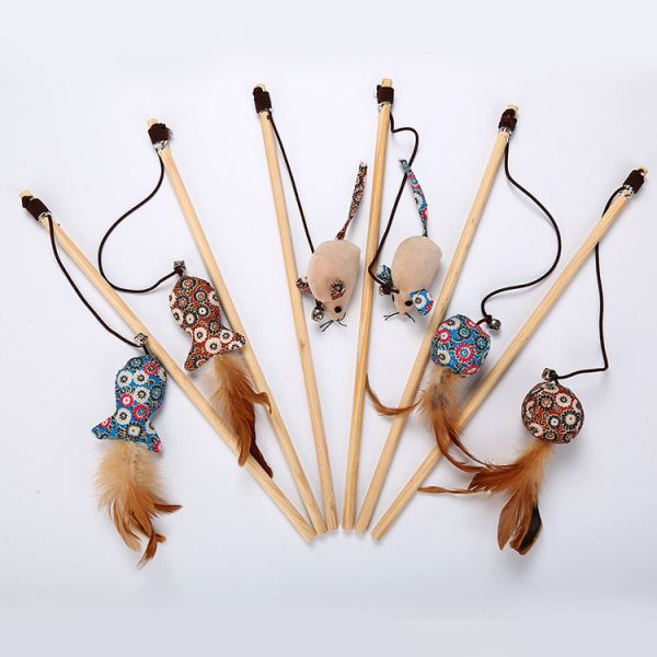 Funny Wooden Pet Cat Toys Interactive Cat Fishing Teasers Play Wand Feather Cat Toy